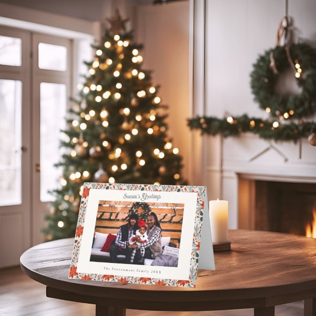 Carte de Noël classique Red Poinsettia (Poinsettia Season Folded Photo Christmas Card white)