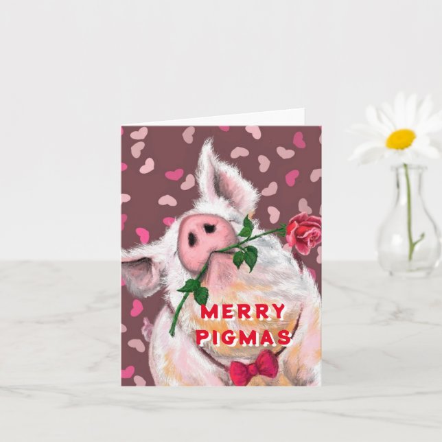 Carte de Noël Cochon Gentleman drôle avec Rose (Petite plante)