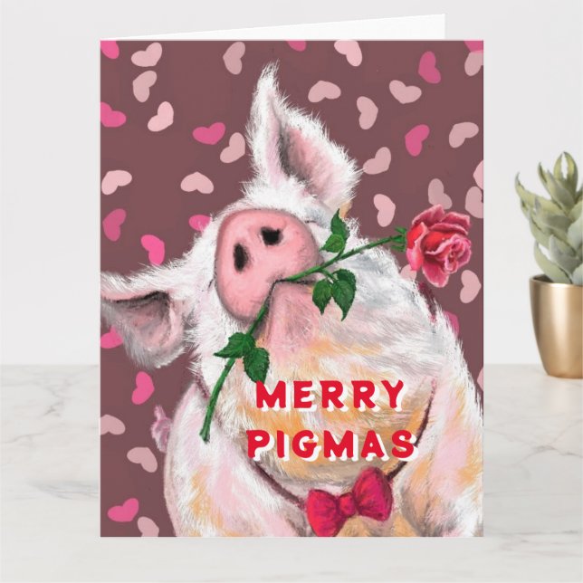 Carte de Noël Cochon Gentleman Enjoué avec Rose (Petite plante)
