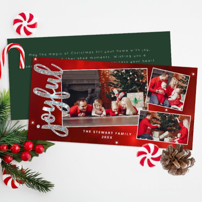 Carte de Noël Collage Photo Écriture Joyeuse 3 (Joyful Red & Green Christmas Card)