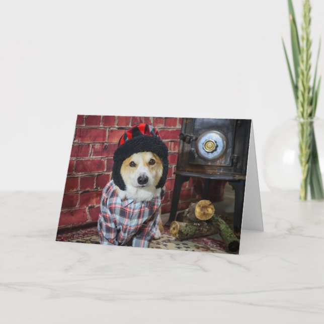 Carte de Noël Corgi Poêle à Bois (Devant)