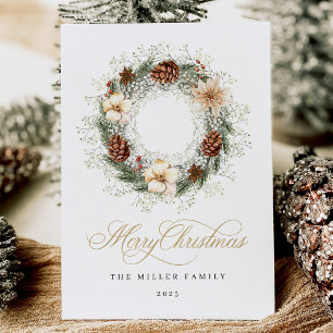 Carte de Noël Couronne Aquarelle Rustique