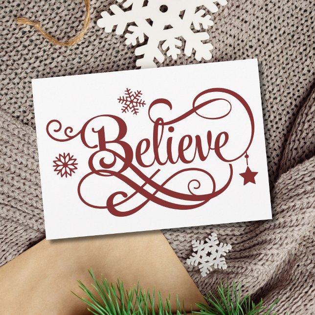 Carte de Noël Croyez Flocons de neige Étoiles Roug (Believe Christmas Card Personalize your own message. Printed or digital instant download)