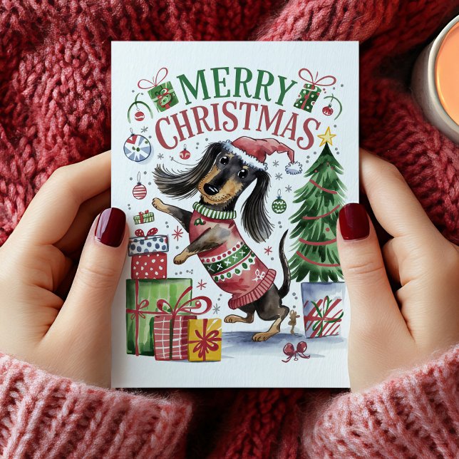 Carte de Noël Dachshund Aquarelle (Cute Watercolor Dachshund Christmas Card)
