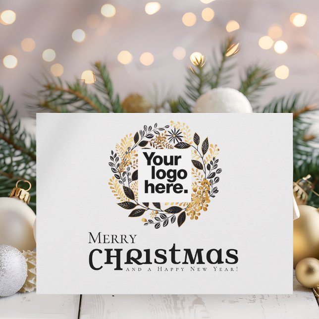 Carte de Noël d'affaires de couronnes en or noir (Business or Corporate Holiday Christmas Card with trendy Black and Gold Wreath and QR Code)