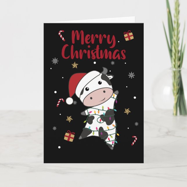 Carte de Noël d'animaux d'hiver de vache joyeux No (Devant)