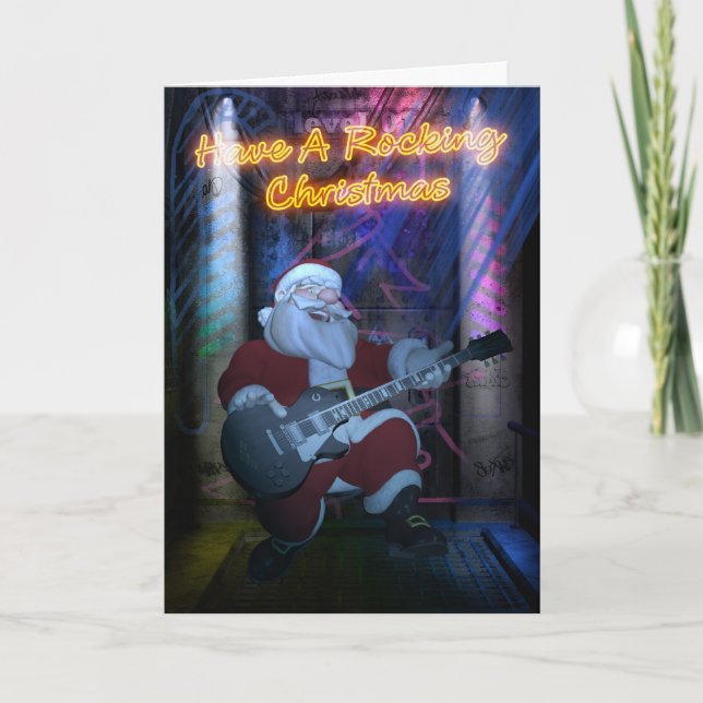 Carte de Noël de basculage de Père Noël - guitare (Devant)