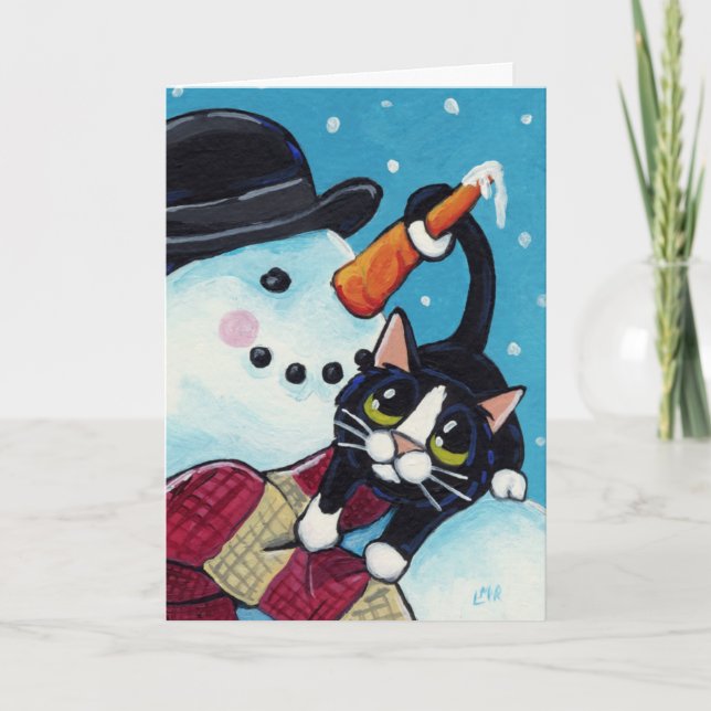 Carte de Noël de bonhomme de neige de chat et de (Devant)