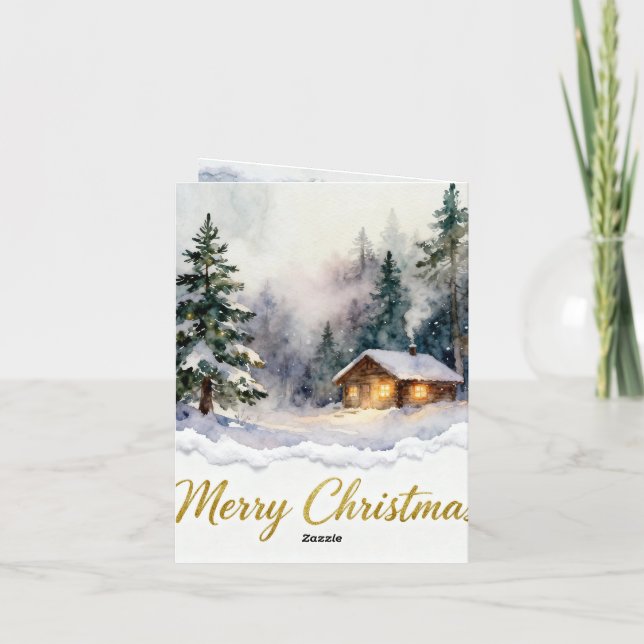 Carte de Noël de cabane enneigée à l'aquarelle – H (Dos)