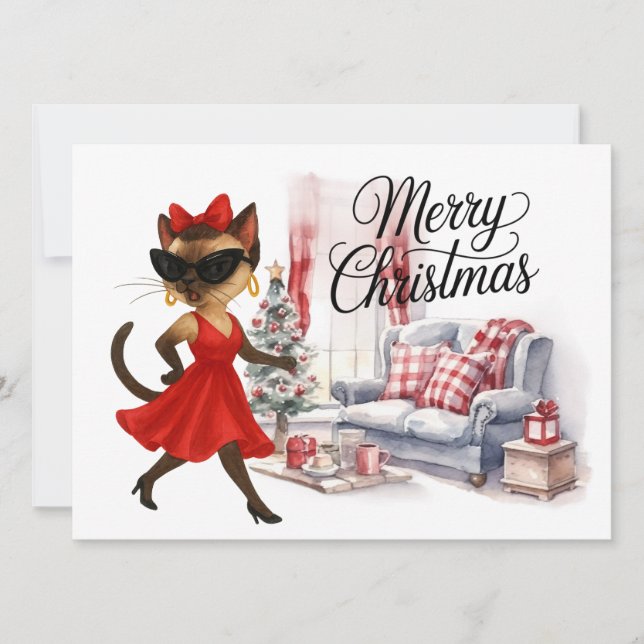 Carte de Noël de chat siamois de sa maison (Devant)