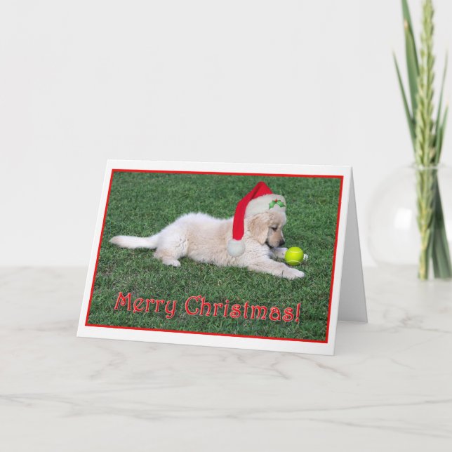 Carte de Noël de chiot de golden retriever pliée (Devant)