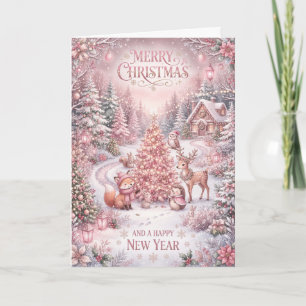 Carte de Noël de cottage hivernal rose cerf