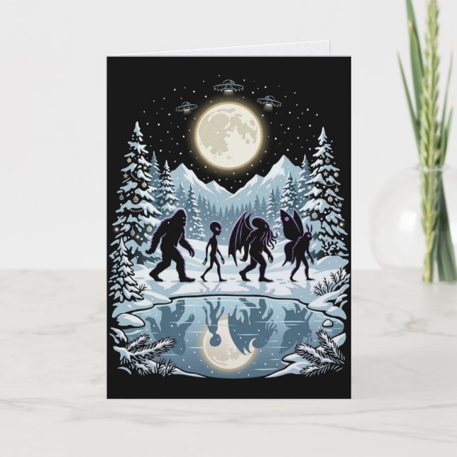 Carte de Noël de Cryptide Bigfoot Cthulhu Mothman (Devant)
