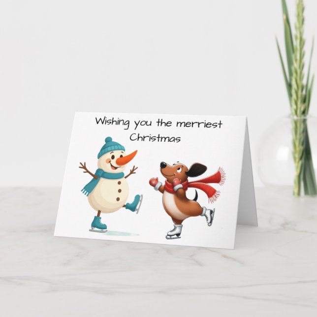 Carte de Noël de dachshund de patinage sur glace (Devant)