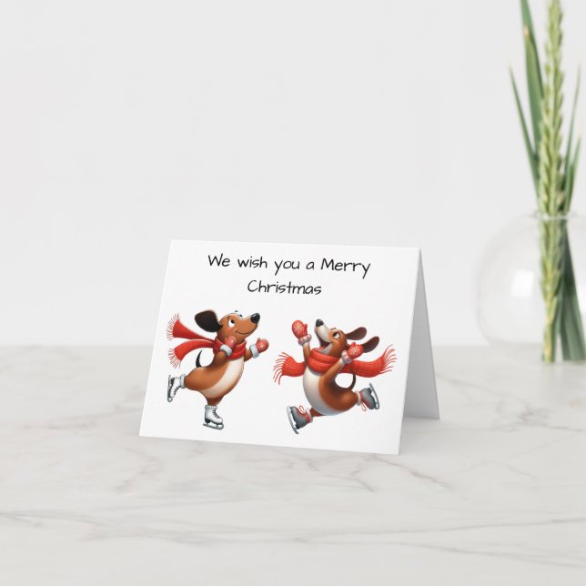 Carte de Noël de Dachshunds au patin à glace (Devant)