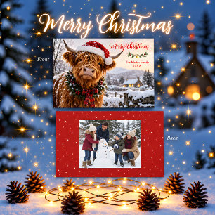 Carte de Noël de famille avec vache des Highlands
