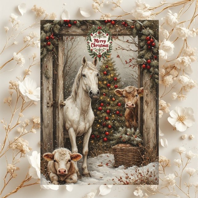 Carte de Noël de ferme rustique avec vache et chev (Rustic Farmhouse Cow Horse Country Christmas Card)