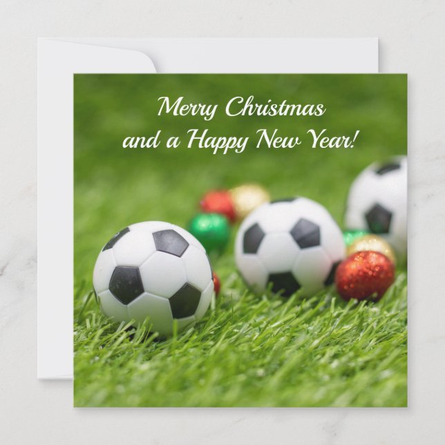 Carte de Noël de football avec balle sur herbe ver (Devant)