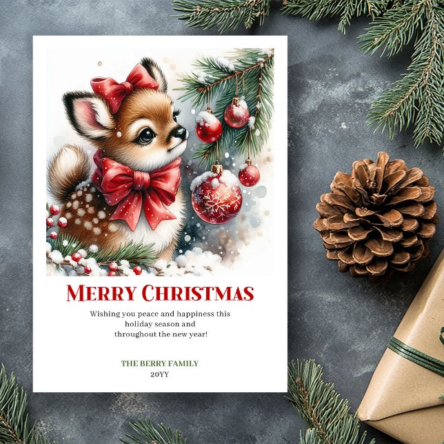 Carte de Noël de forêt à l'aquarelle avec faon mig (Snowy Cute Fawn Watercolor Forest Christmas Card)