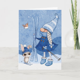 Carte de Noël de gnome de lapin de ski