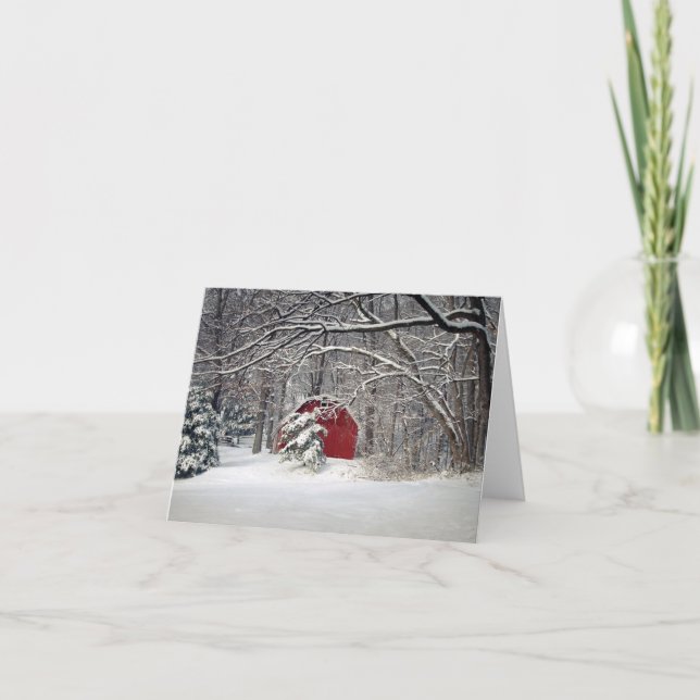 Carte de Noël de grange rouge dans la neige (Devant)