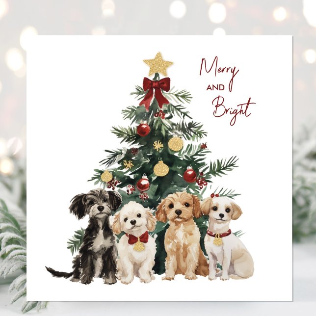 Carte de Noël de jolies aquarelles Merry & Bright  (Cute Watercolor Dogs Christmas Card)