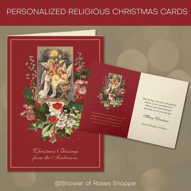 Carte de Noël de la Nativité des Anges Jésus (Traditional Religious Christmas Cards with Scripture Verse - Easy to personalize)