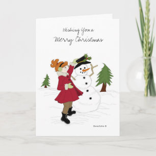 Carte de Noël de la petite fille et du neiger