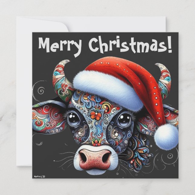 Carte de Noël de la vache avec chapeau de Noël (Devant)