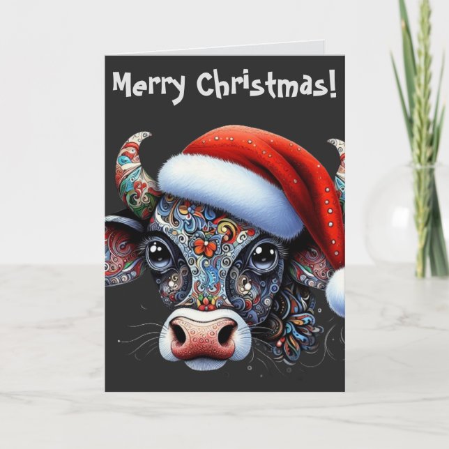Carte de Noël de la vache avec chapeau de Noël (Devant)
