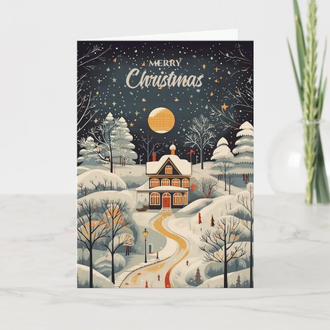Carte de Noël de maison d'hiver de style Gouache V (Devant)
