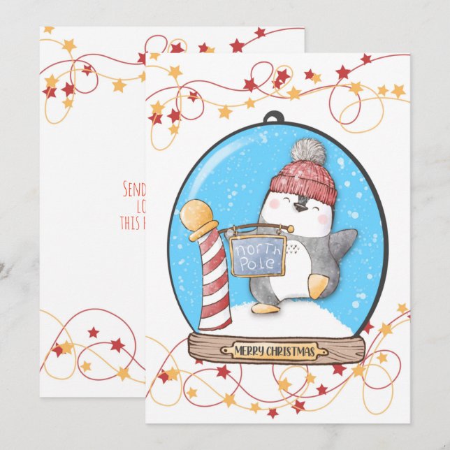 Carte de Noël de manchot dans un globe de neige (Devant / Derrière)