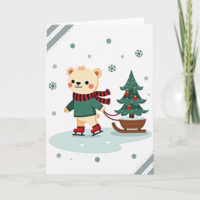 Carte de Noël de patinage sur glace avec un ours m (Devant)