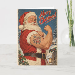 Carte de Noël de Père Noël musclé | Drôle Vintage