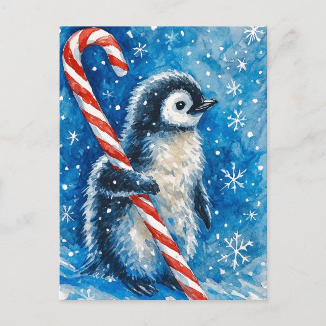 Carte de Noël de pingouin mignon avec un bâton de  (Devant)