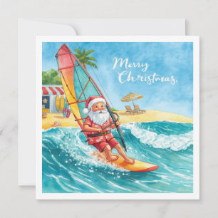 Carte de Noël de plage avec Santa en planche à voi