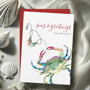 Carte de Noël de plage Crabe Bleu Aquarelle