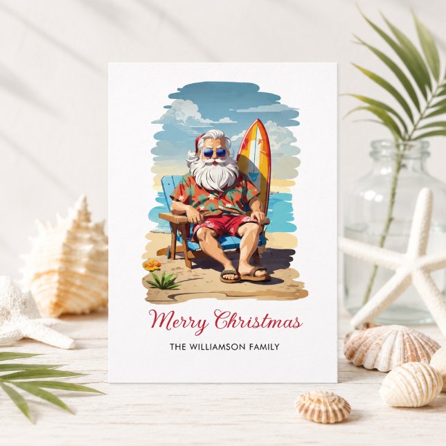 Carte de Noël de plage de Santa surfeur (Add Family name to customize )