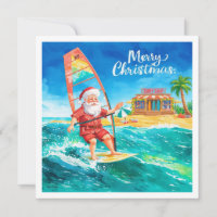Carte de Noël de plage Santa Windsurfing