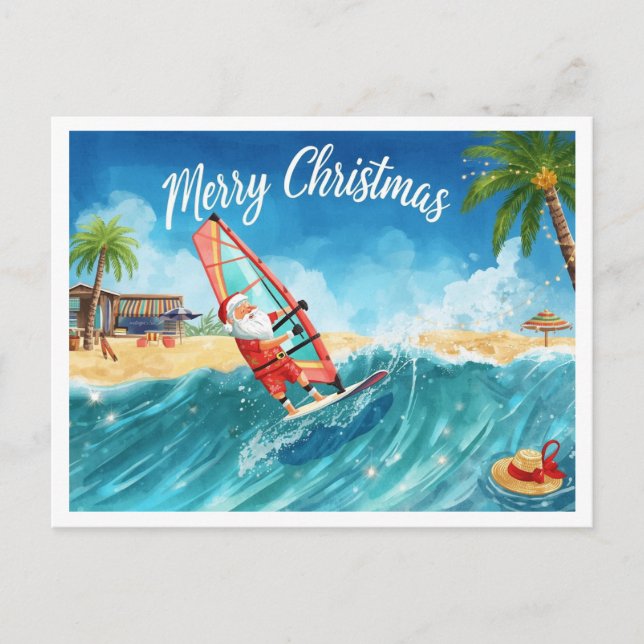 Carte de Noël de plage Santa Windsurfing (Devant)