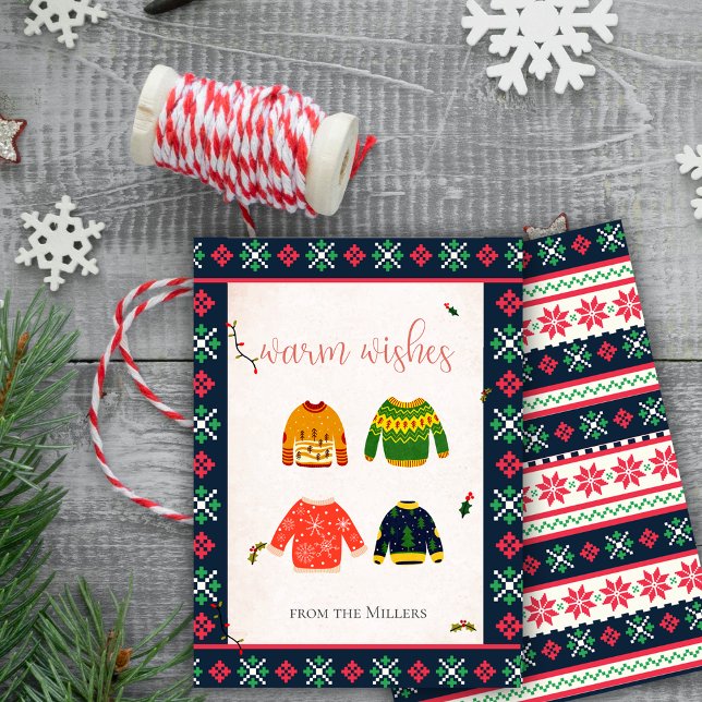 Carte de Noël de pull moche de Noël avec vœux chal (Ugly Sweater Christmas Warm Wishes Holiday Card)