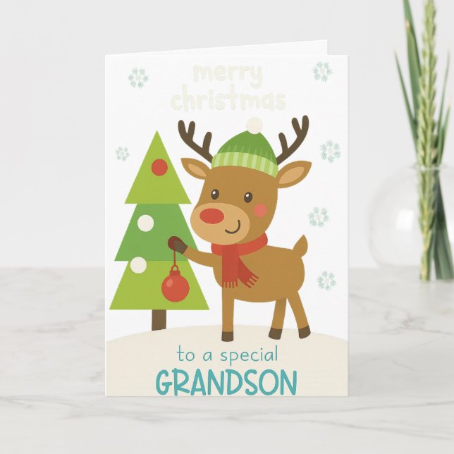 Carte de Noël de renne mignon pour petit-fils (Devant)
