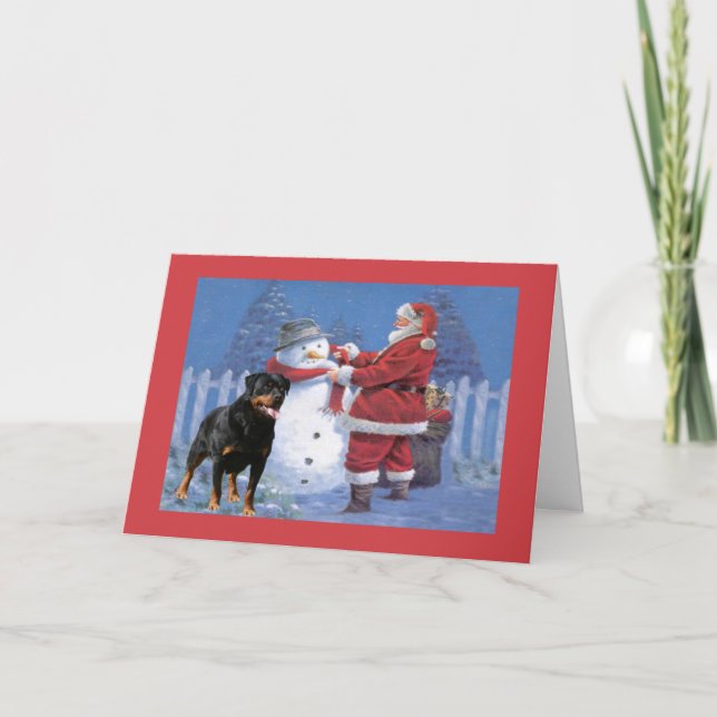 Carte de Noël de rottweiler Père Noël et bonhomme (Devant)