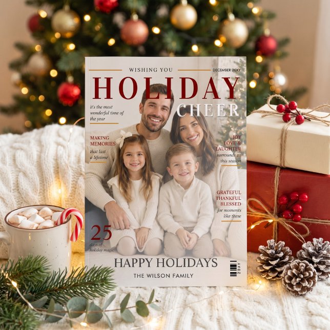 Carte de Noël de style magazine avec photo de vaca (Holiday Photo Card Magazine Style Christmas Card)