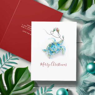 Carte de Noël de tortue de mer à l'aquarelle côtiè
