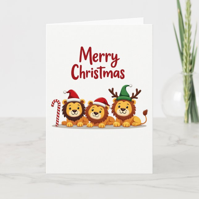 Carte de Noël de trois mignons petits Lion avec re (Devant)