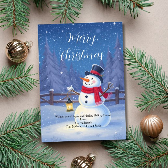 Carte de Noël de vacances de bonhomme de neige hiv (Snowy Winter Scene with Snowman Christmas Holiday Card. Printed or Digital Download)