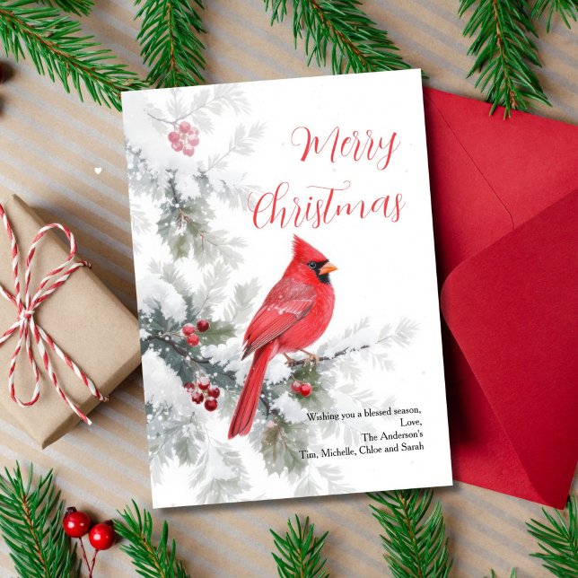 Carte de Noël de vacances de Cardinal Rouge d'Hive (Snowy Winter Tree Branch Red Cardinal Christmas Holiday Greeting Card. Printed or Digital)