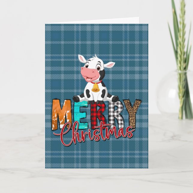 Carte de Noël de vache de Noël à carreaux bleus (Devant)