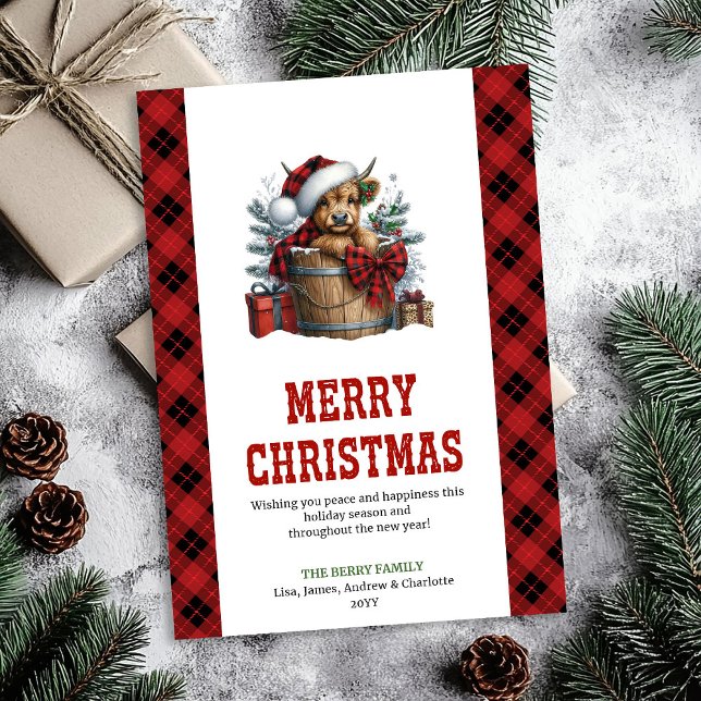 Carte de Noël de vache des Highlands avec baies de (Highland cow Christmas card with holly berries)